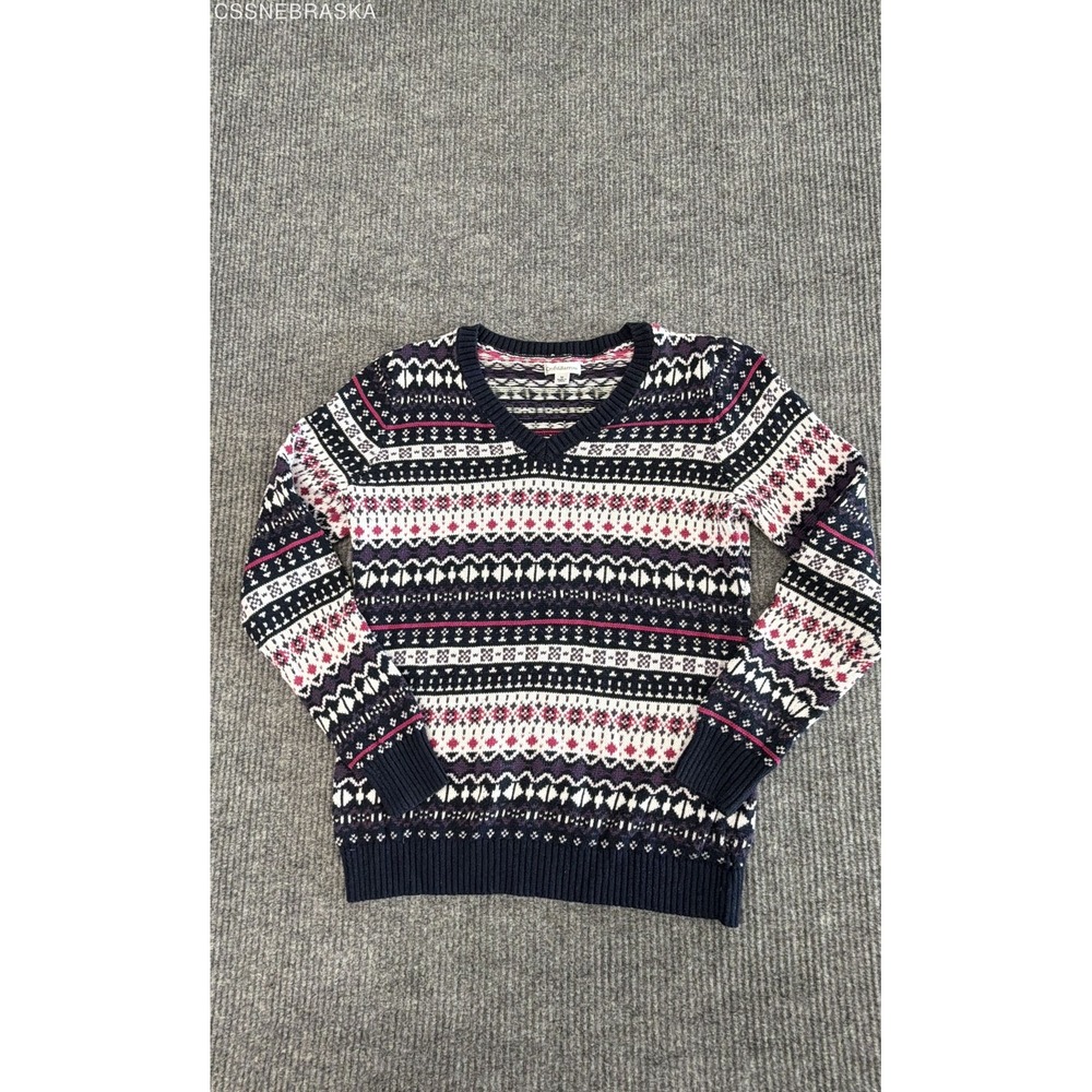 Croft & Barrow Pink/Navy/Blue Fair Isle Sweater V-Neck Geometric - M